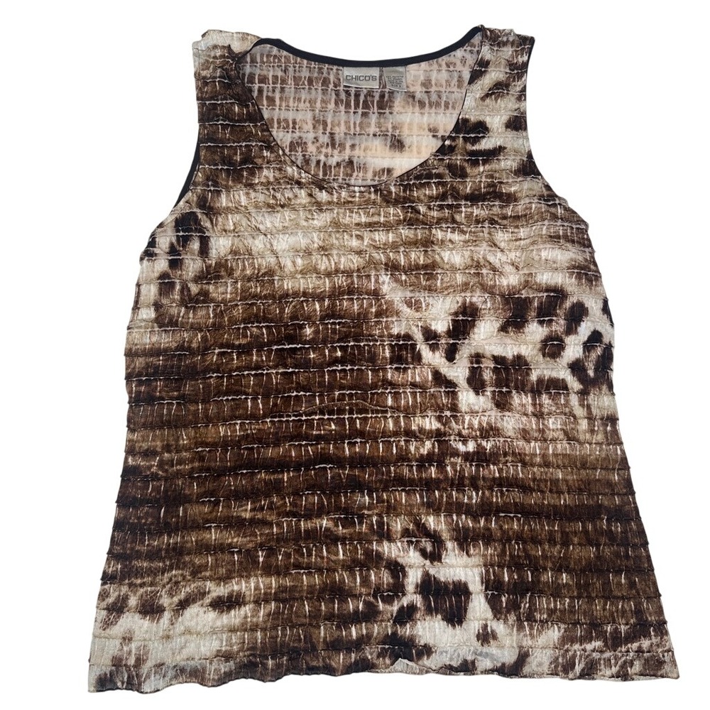 Chicos Brown Animal Print Tiered Tank Top Sleeveless Textured Pleated Size 3 XL